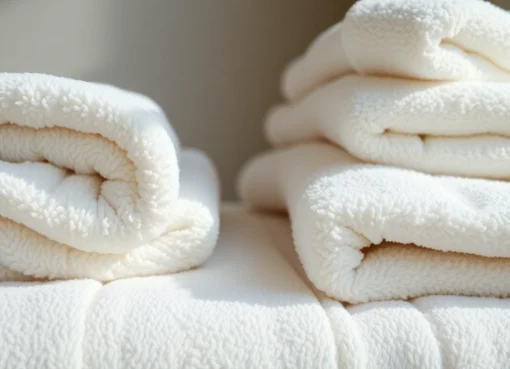 Luxurious cotton towels being folded in a stylish bathroom showcase, highlighting their softness and high-quality fabric for a comfortable touch.