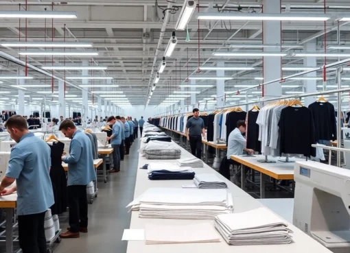 Clothing Manufacturers collaborating in a modern factory showcasing professional apparel production processes.