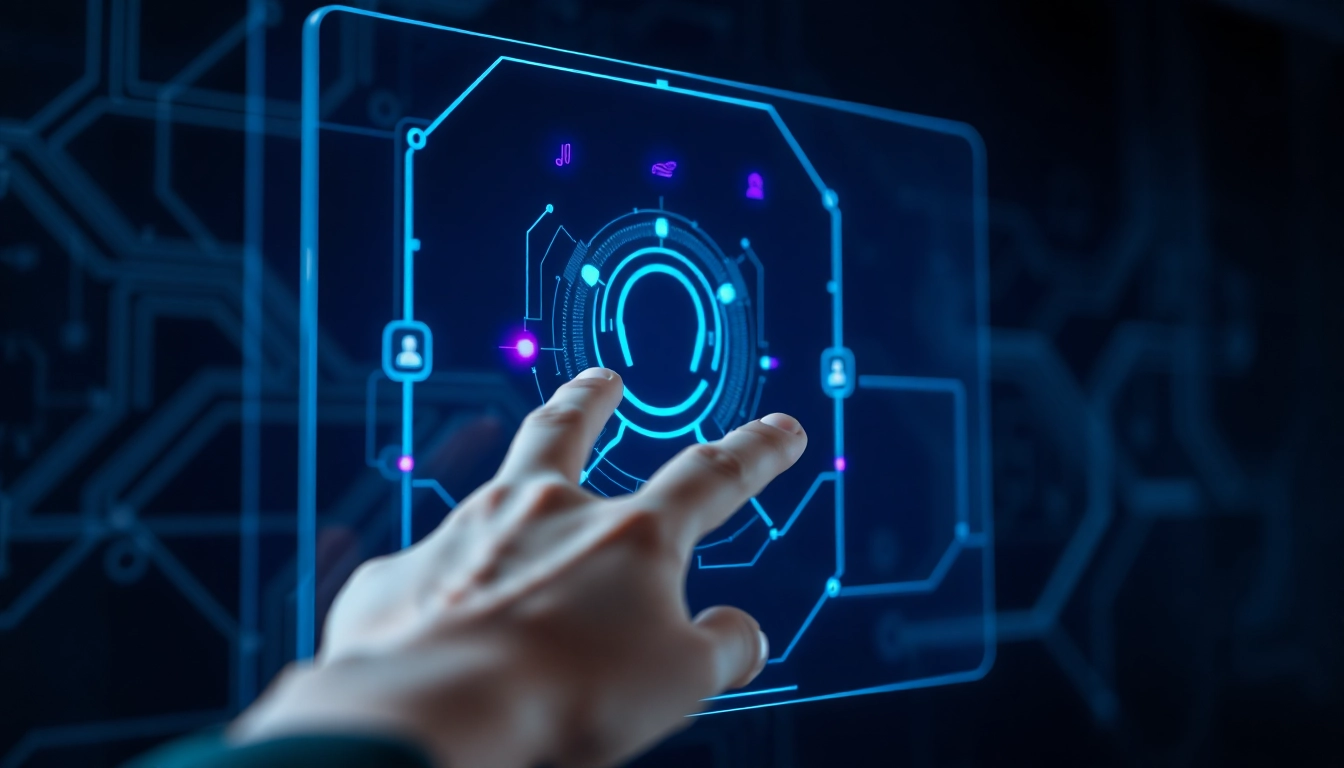 Futuristic AI interface with holographic display on dark high-tech background
