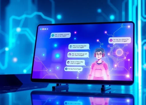 Futuristic AI chatbot interface with customizable avatar and holographic data exchange elements.