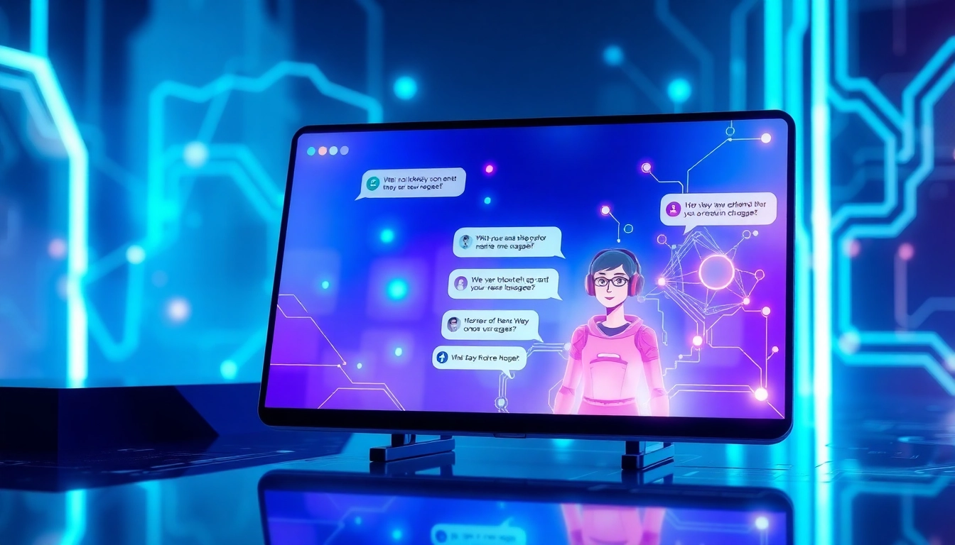 Futuristic AI chatbot interface with customizable avatar and holographic data exchange elements.