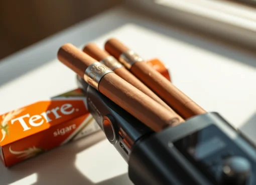 Hands holding Terea sigara tobacco sticks with IQOS Iluma device, showcasing product compatibility and premium design for adult smokers.