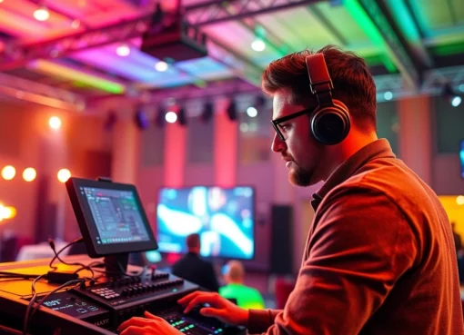 Veranstaltungstechniker Köln in action mit professionellem Audio- und Lichttechnik-Setup bei einem hochwertigen Event in Köln, zeigt technische Expertise und Detailgenauigkeit.