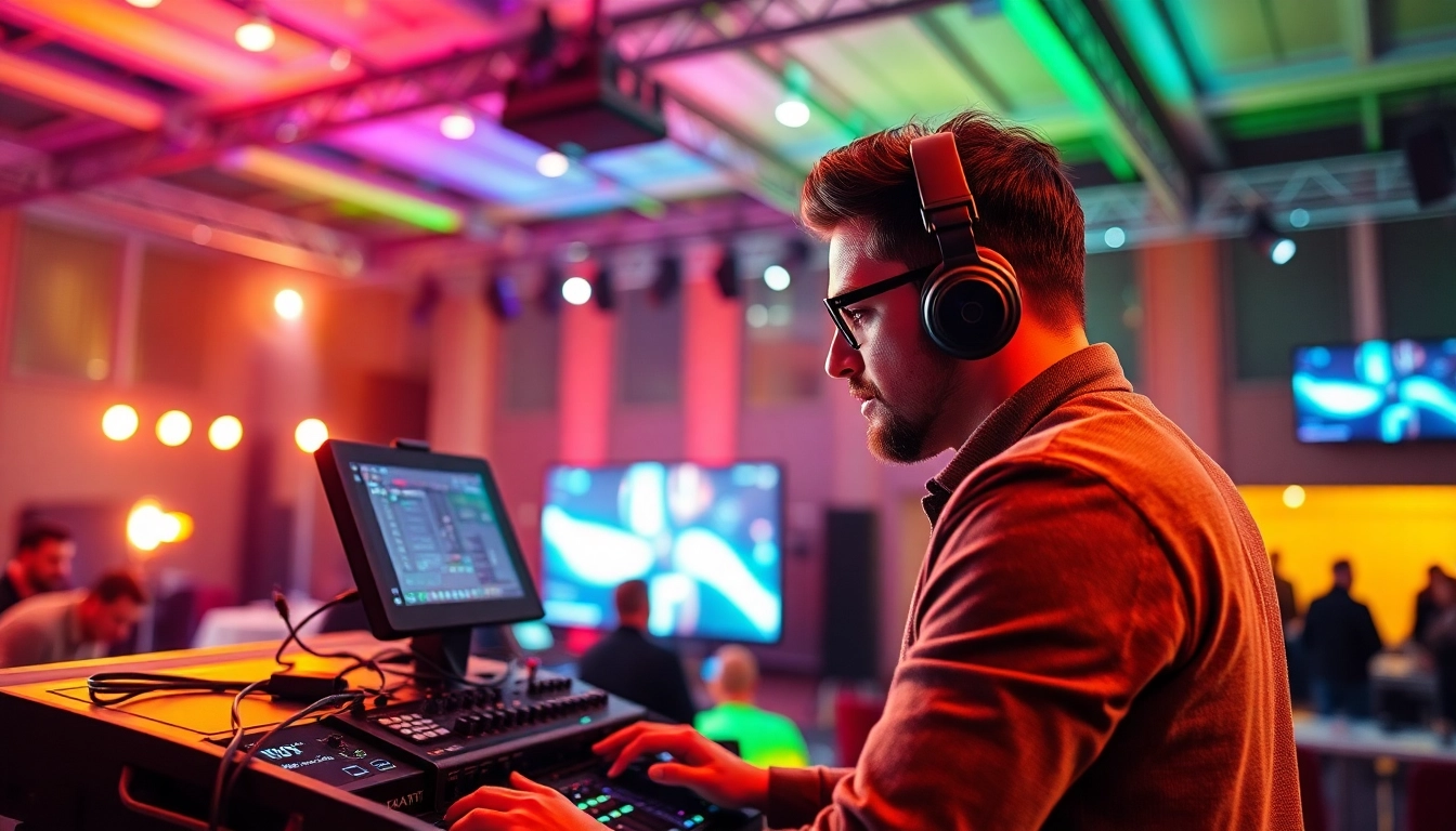 Veranstaltungstechniker Köln in action mit professionellem Audio- und Lichttechnik-Setup bei einem hochwertigen Event in Köln, zeigt technische Expertise und Detailgenauigkeit.