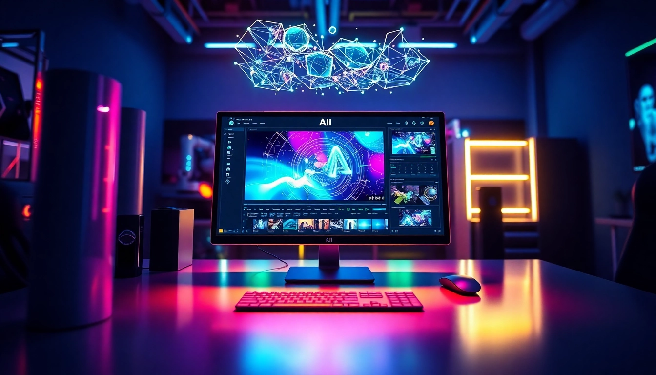 Futuristic workspace with AI image editing interface and holographic elements
