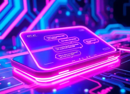 Futuristic AI chat interface on a digital device with glowing text bubbles and abstract digital patterns in vibrant neon colors.