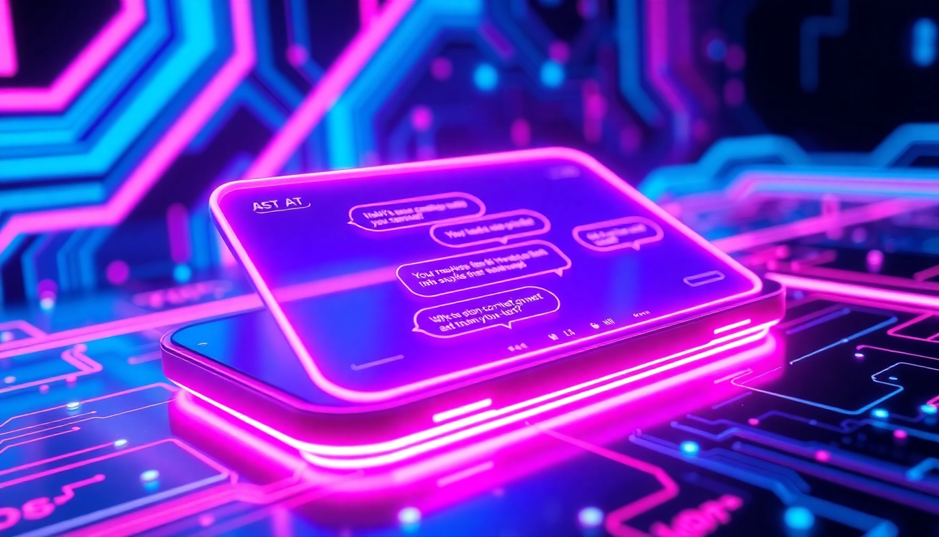 Futuristic AI chat interface on a digital device with glowing text bubbles and abstract digital patterns in vibrant neon colors.