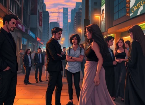 Illustration of a diverse group of people in an urban setting at dusk, representing the Omegaverse hierarchy with alphas, betas, and omegas.