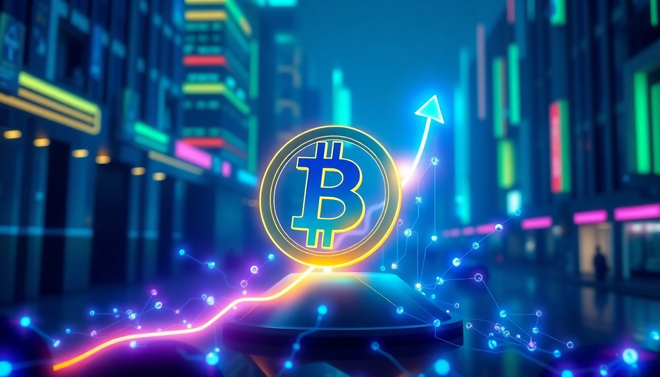 Cryptocurrency market rising with bitcoin and blockchain network visuals showcasing digital