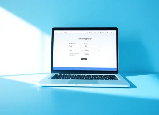 Visually appealing digital workspace showing a person registering a domain online to promote