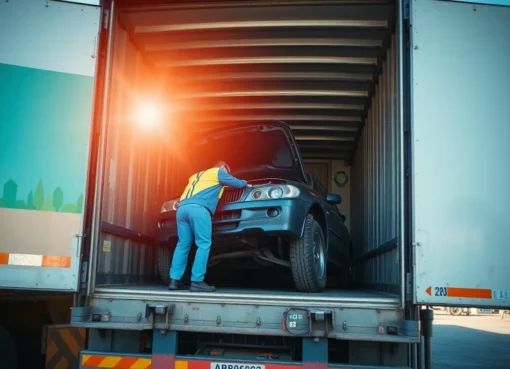 Professional team performing efficient Autoverschrottung with a recycling truck in a clean,
