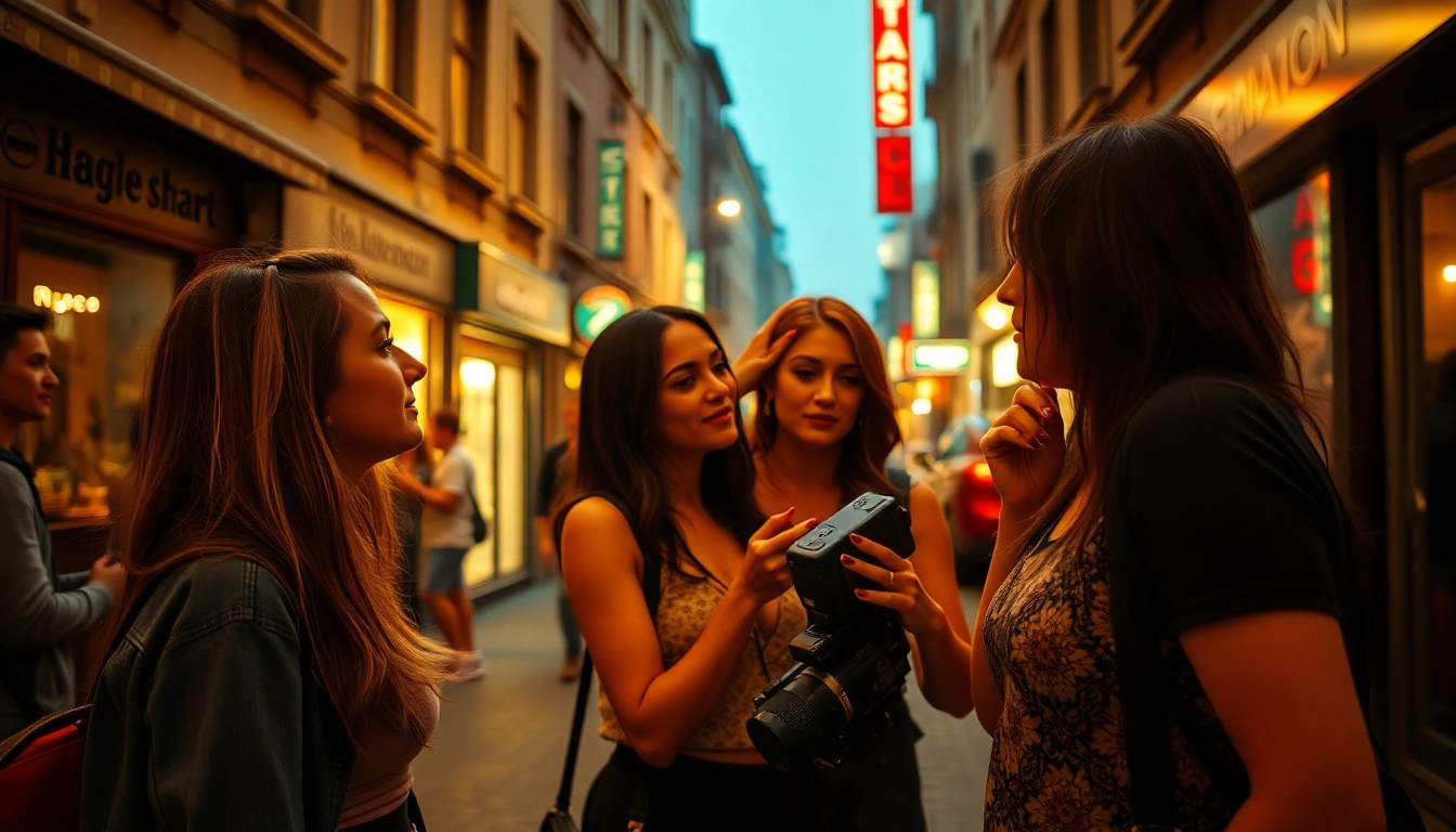 Realistic scene depicting women consenting to porno rychle prachy filming on city streets with