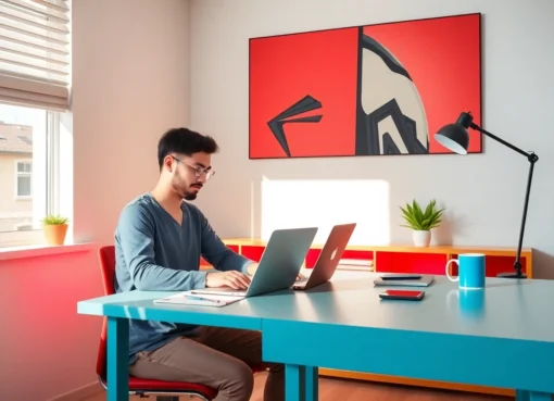 Freelance full remote worker collaborating from a bright home office, showcasing flexibility