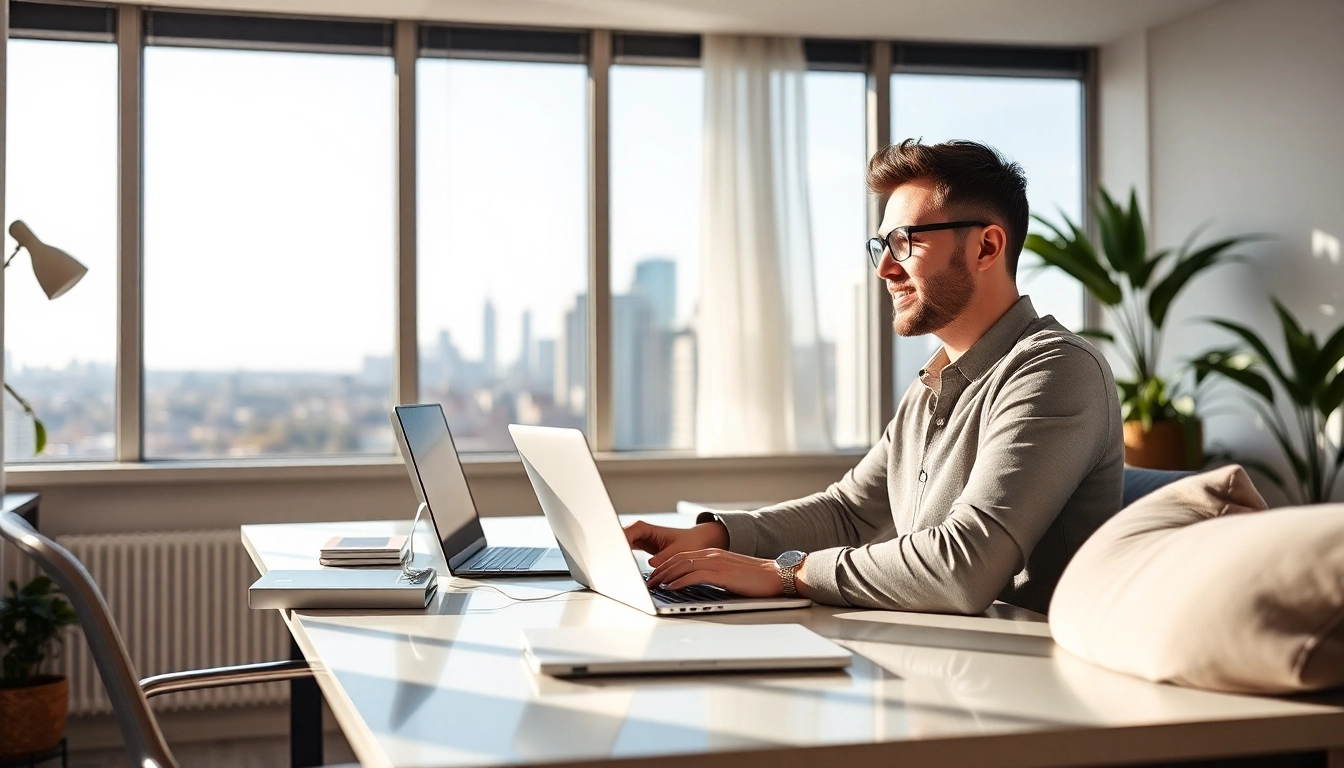 A freelancer working remotely on a laptop in a cozy home setup to attract freelance full remote