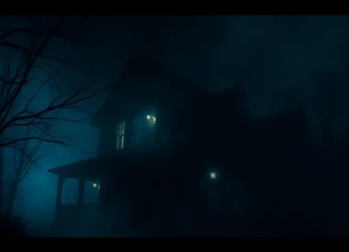 Thrilling horror video scene capturing a haunted house with creepy shadows and fog for maximum suspense.