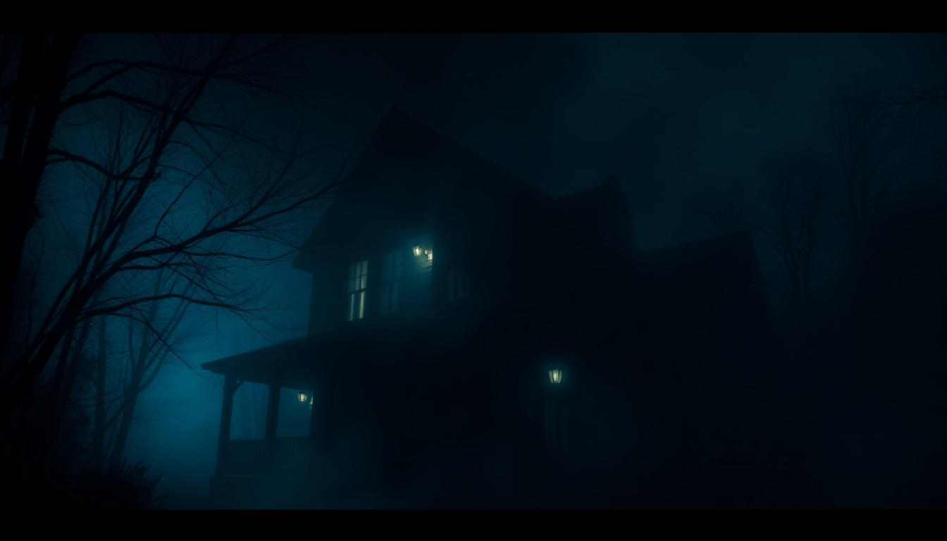 Thrilling horror video scene capturing a haunted house with creepy shadows and fog for maximum suspense.
