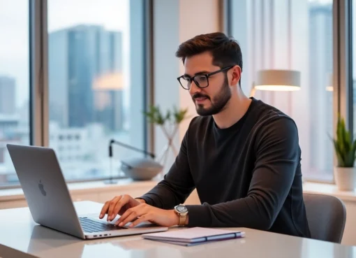 Freelance full remote worker using a laptop in a stylish home office boosting productivity and