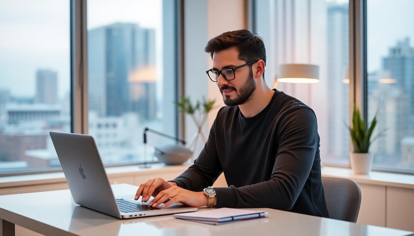 Freelance full remote worker using a laptop in a stylish home office boosting productivity and