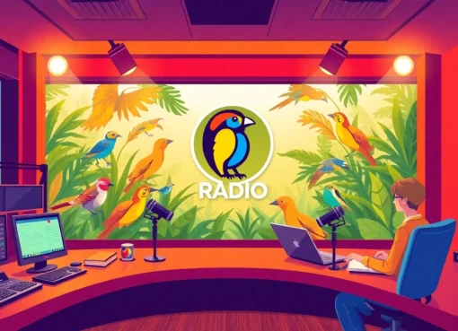 Bird Talk Radio hosts broadcasting live from a professional studio with bird-themed decor and