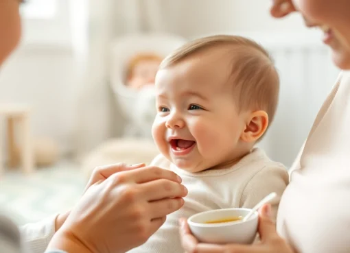 Engaging scene showing feeding of a baby practicing alimentazione naturale per svezzamento