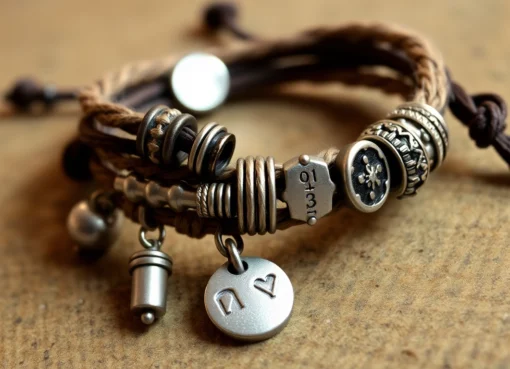 Elegant bransoletka na sznurku with silver charms on a natural fiber cord, perfect for casual