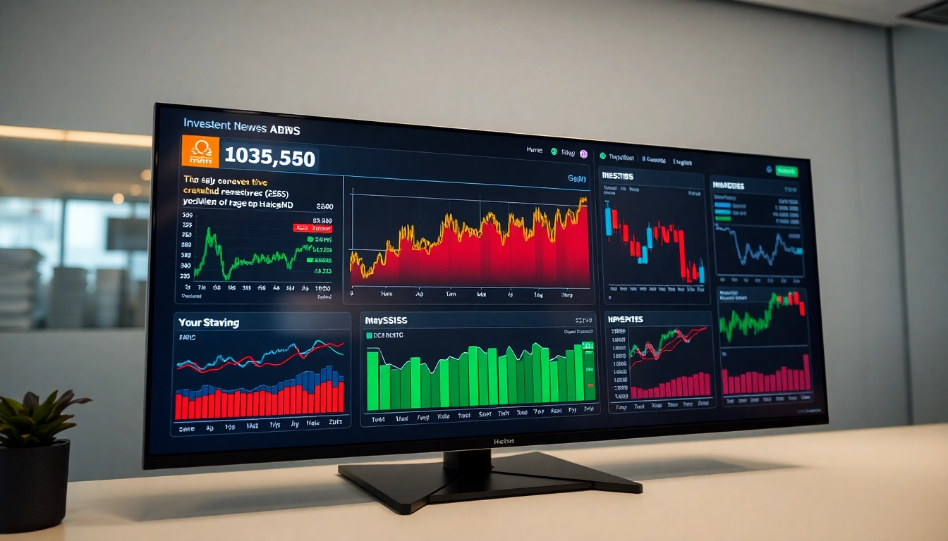 Latest Investment News headlines with financial charts and graphs on a sleek digital dashboard