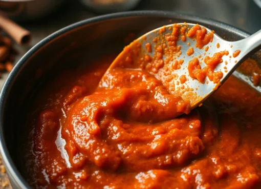 Tikka Paste being blended in a traditional kitchen with spices, showcasing vibrant colors and