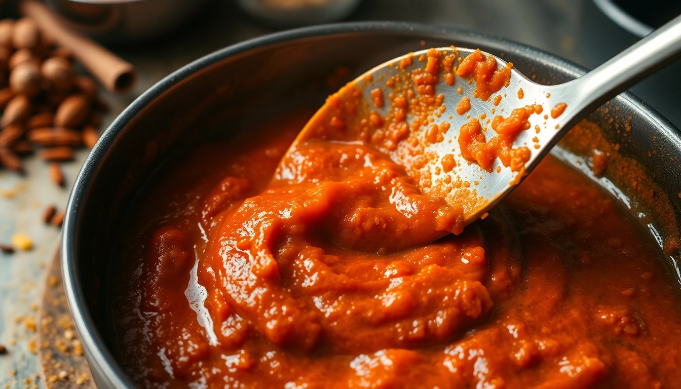Tikka Paste being blended in a traditional kitchen with spices, showcasing vibrant colors and