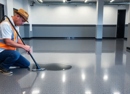Skilled epoxy resin flooring contractors Birmingham applying durable, high-gloss epoxy coatings