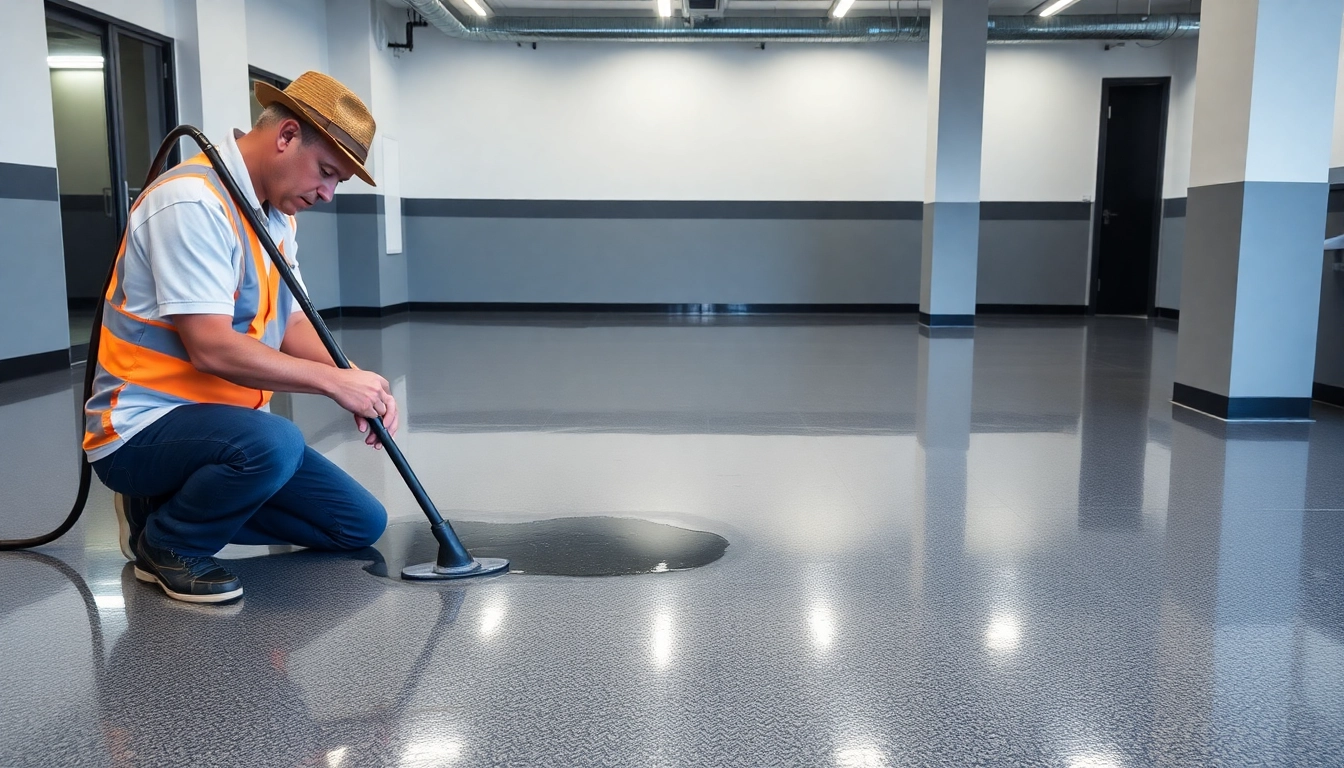 Skilled epoxy resin flooring contractors Birmingham applying durable, high-gloss epoxy coatings
